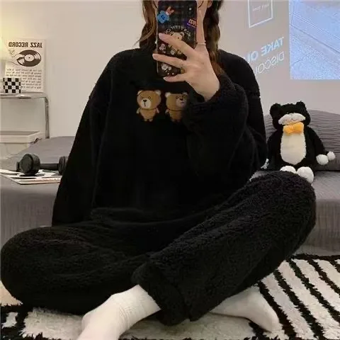 Factory Autumn and Winter Women Pyjamas Sets Thick Keep Warm Flannel Long Sleeve Female Cartoon Bear Animal Pants Sleepwear