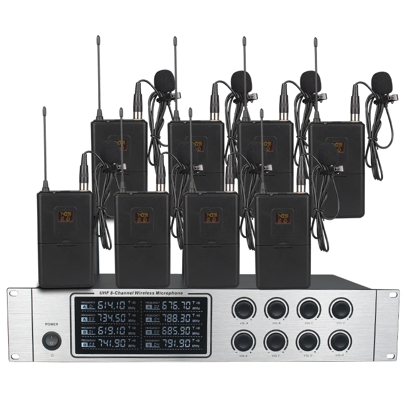 Wholesale High Quality Long Distance 2U UHF 8 Channel Wireless Microphone with 200 Frequencies Select for conference
