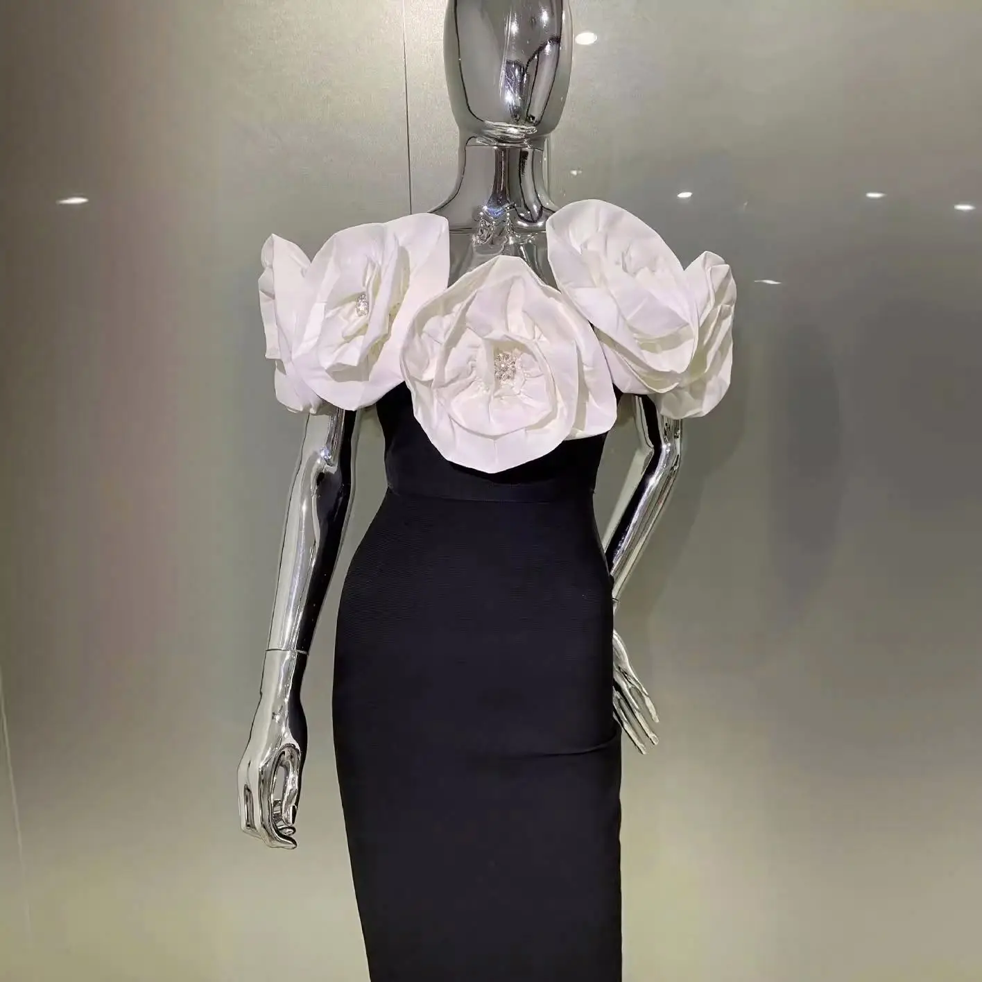 Amazon Cross-Border Hot Three-Dimensional Large Flower Off-Shoulder Hip Bag Dress Fashion Elegant Party Bandage Dress