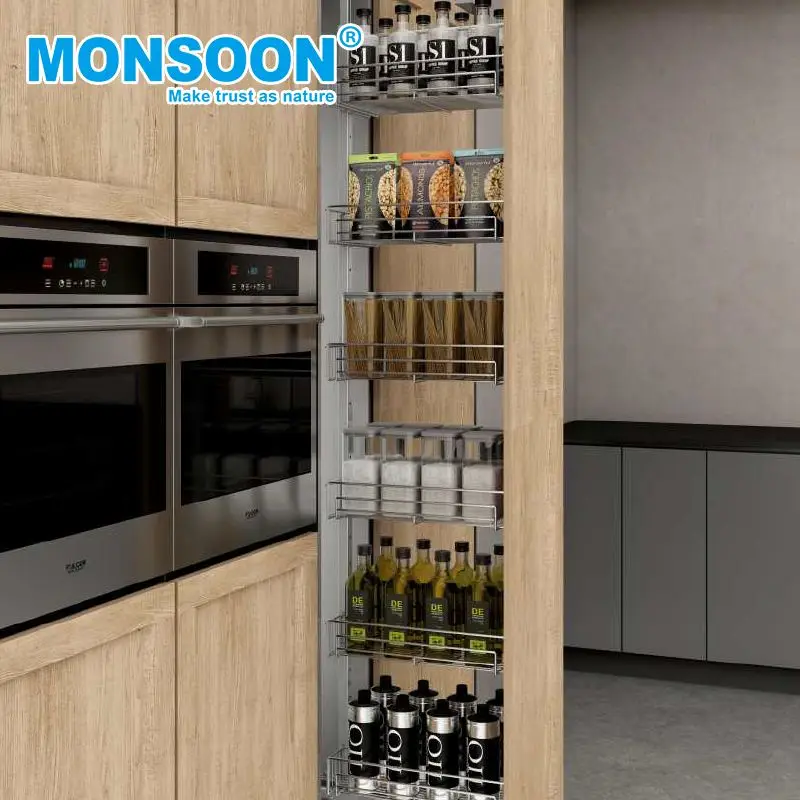 Monsoon Kitchen Cabinet Larder Iron Powder Soft Closing Storage Organizer Deep Larder 5 6 Tiers Tall Unit Pull Out Pantry Basket