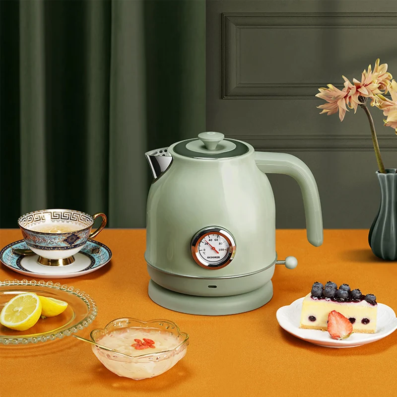 QCOOKER 1.7L Electric Kettle Fast Boiling Stainless Steel Retro Thermometer Hot Water Boiler 1800W 220V Portable Instant Heater