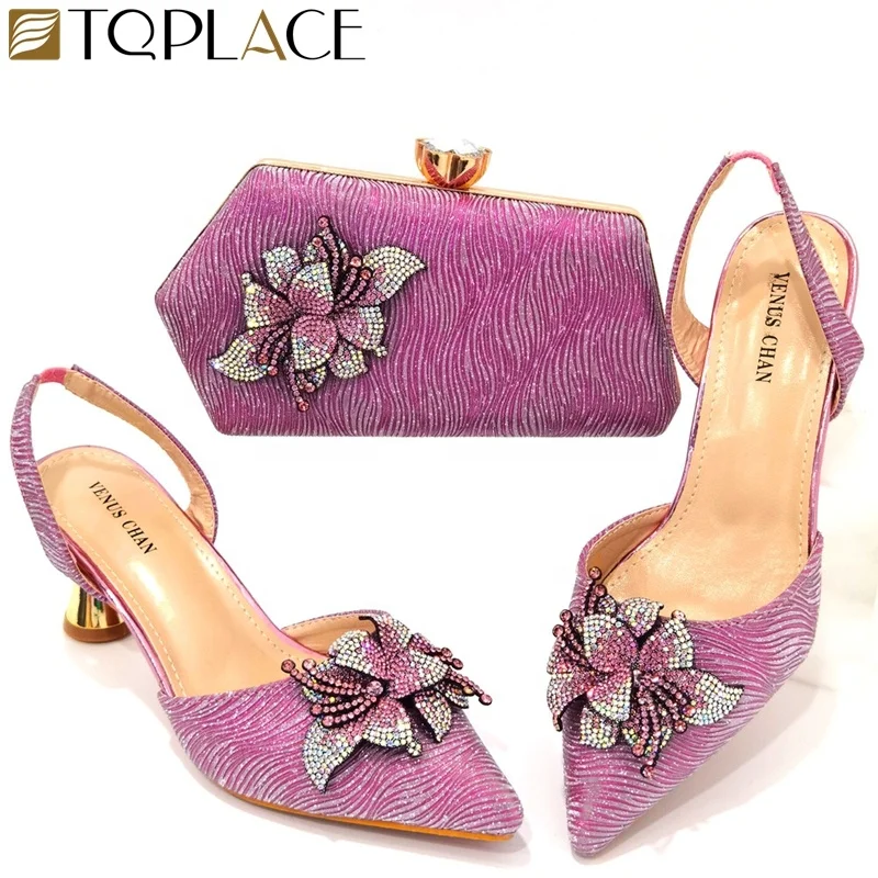 Elegant Elastic Band Shoes and Bag Set with stones African Set Italian  Heel  Ladies Shoes And Matching Purse For Evening Party