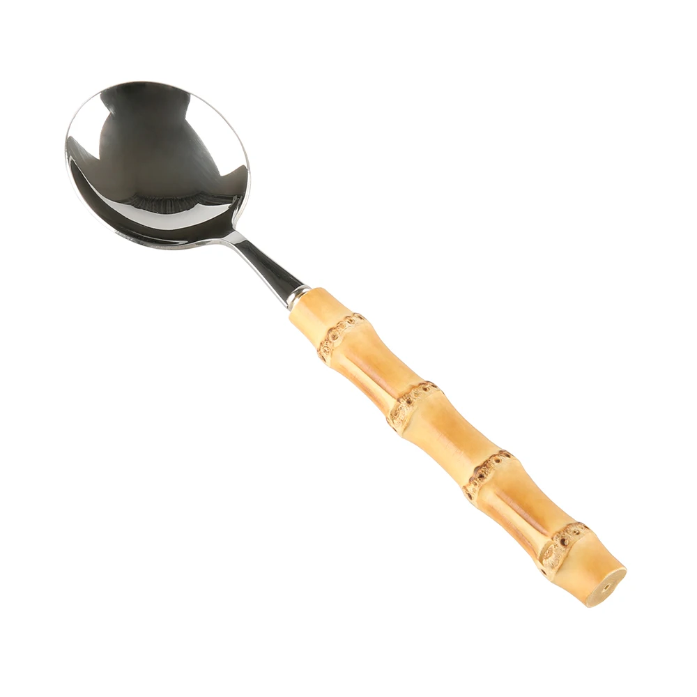 Restaurant Hotel Household Kitchen Cutlery Tableware 304 Stainless Steel Natural Bamboo Wood Handle Big Round Serving Spoon