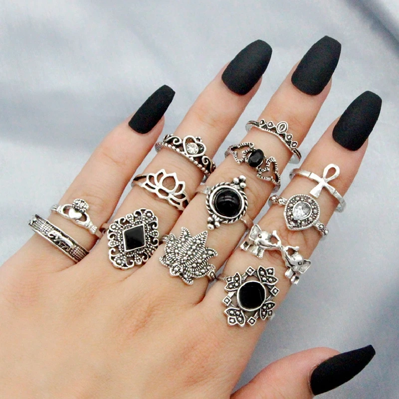 Factory Wholesale Bohemian Vintage Crown Lotus Elephant Black Acrylic Gems Mixed Rings Set For Women