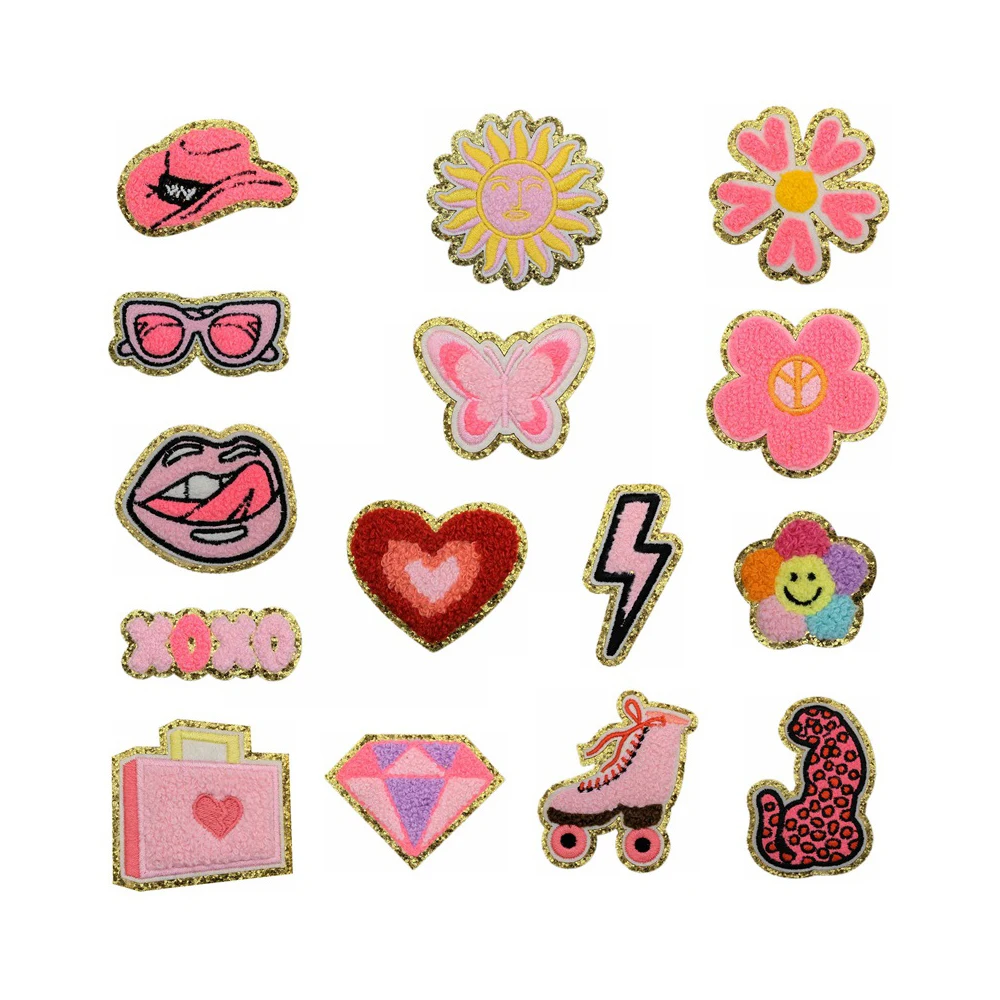 Pink collection chenille applique patches LIPS flower XOXO chenille iron on peace sign patches