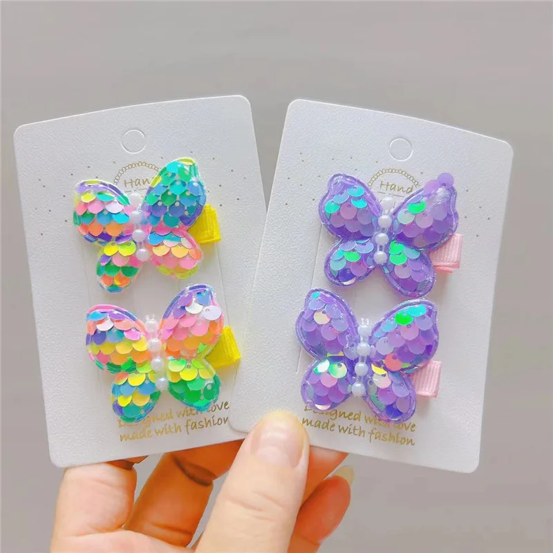 summer trendy baby girl hair accessories sweet 2 pcs/card Sequin butterfly hair pins hair clips set for kids