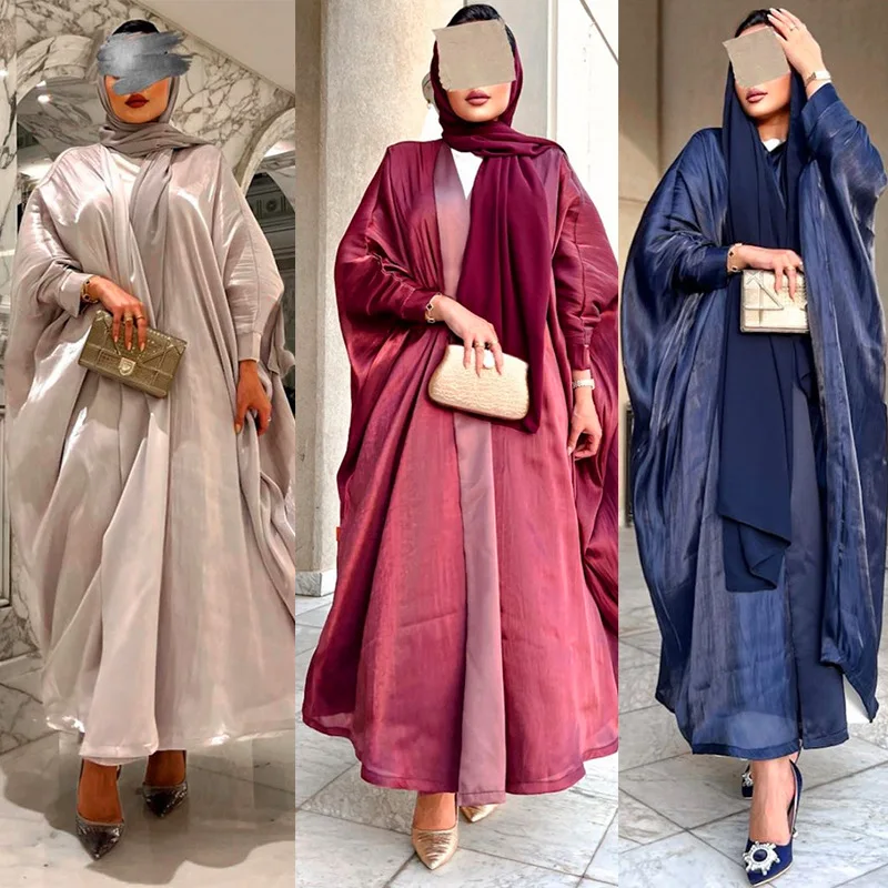 Arab Fashion Open Kimono Women Satin Shiny Polyester Abaya Butterfly Sleeve Solid Modest clothing Ramadan Plus Size Dubai Saudi