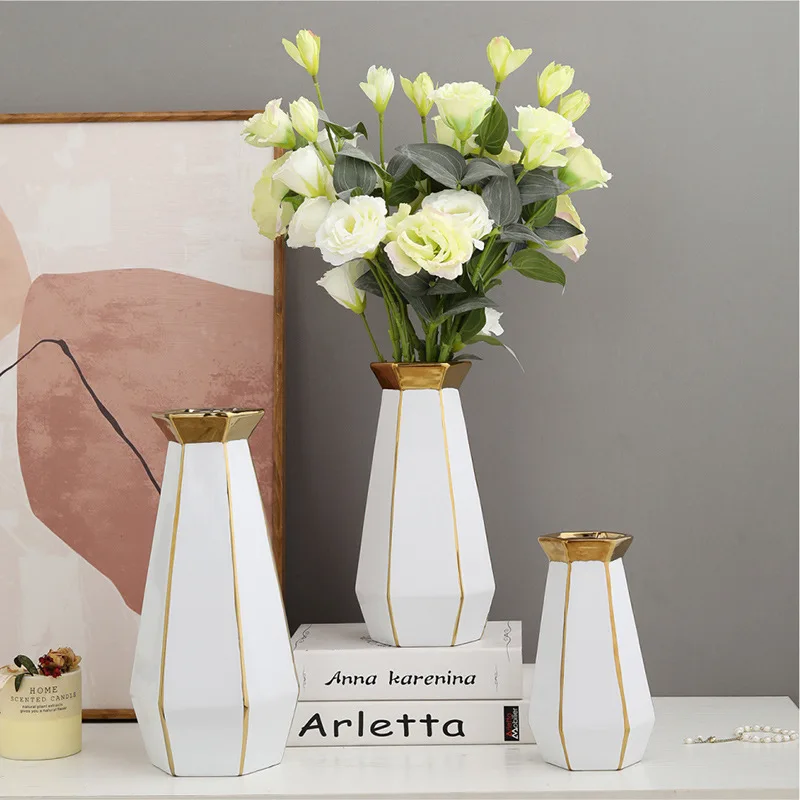 Small size Morandi vase dried ceramic  flower vase ornament set, high-quality electroplated gold ceramic vase decoration