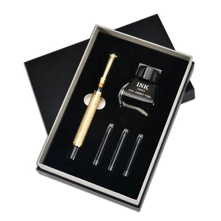 2022 Exclusive Fashion Luxury Fountain Pen Gift Set Custom Logo Packaging Box Ink Bottle Cartridges Free Pen Box Gift