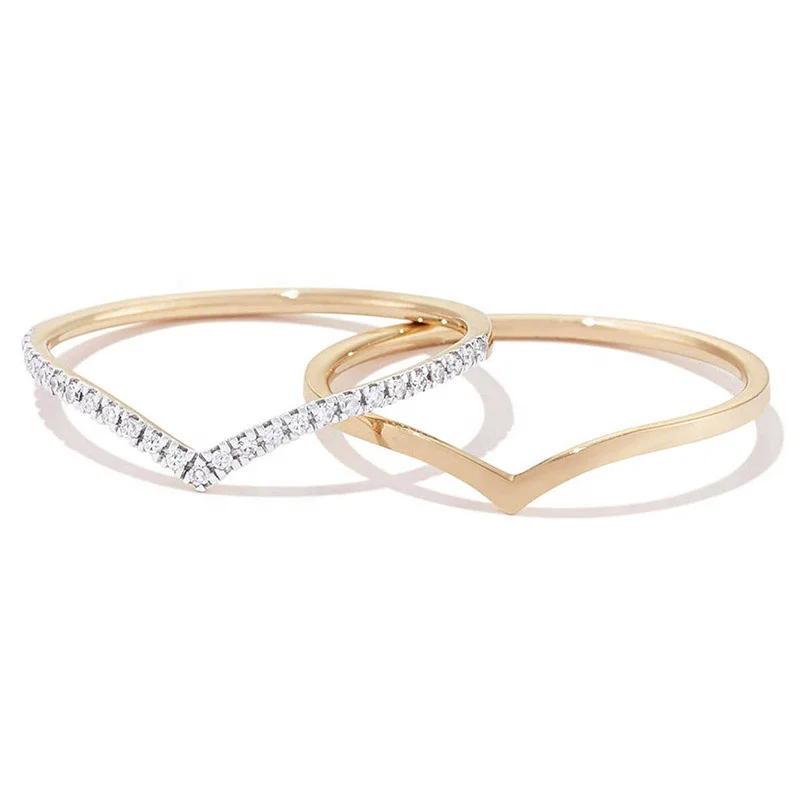 Milskye gift jewelry 925 sterling silver 18k gold pave cz diamond V shape double layer wedding ring