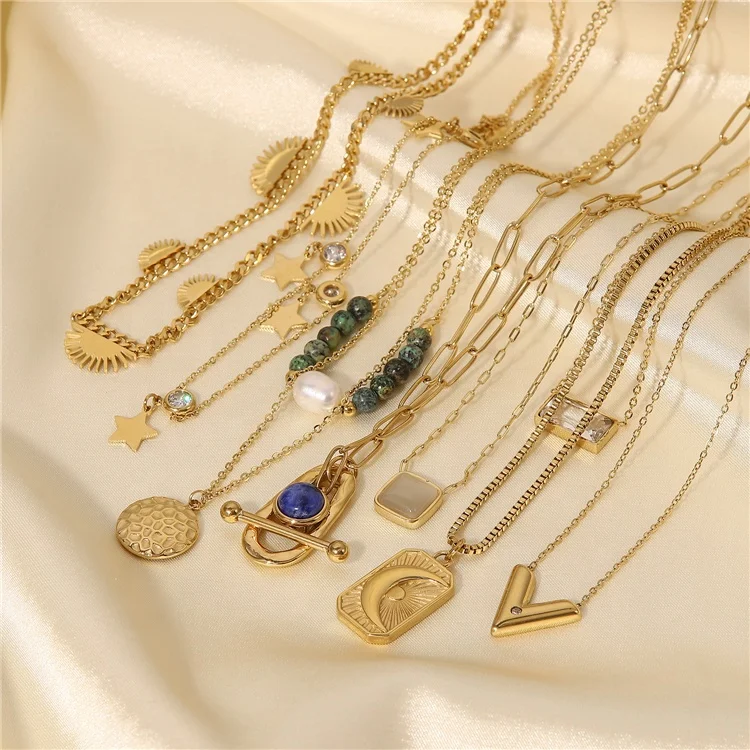 Fashion Jewelry Necklaces V Shape Double Layer Chain Moon Cubic Zirconia Necklace 14K Gold Plated Stainless Steel Star Necklace