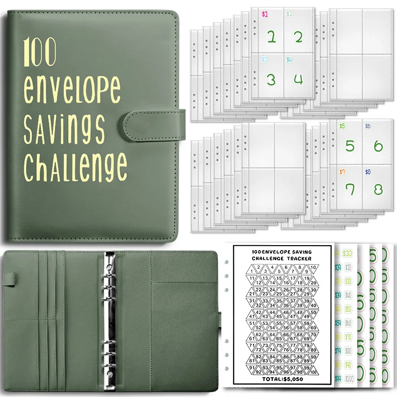 Marble style 100 envelope savings challenge binder for money saving planner with three trackers