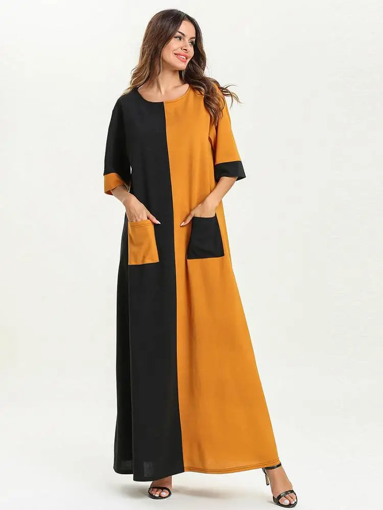
Simple fashion long sleeve splicing new model abaya in dubai thin dress Muslim robe loose long Dresses 