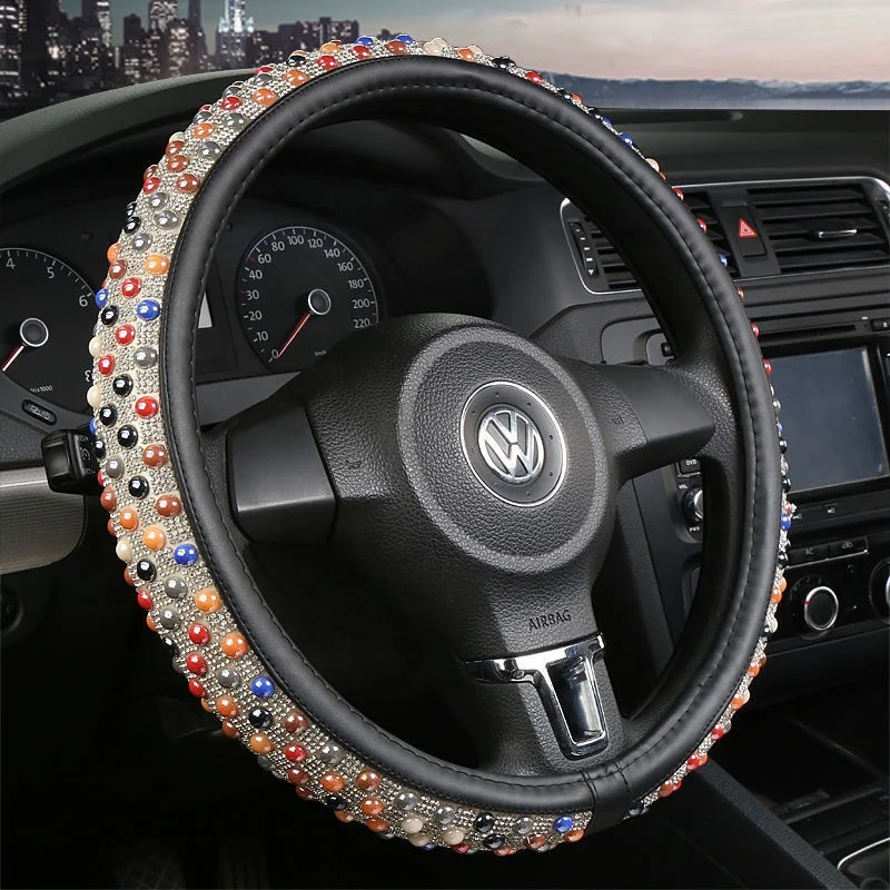 Genuine Leather Car Steering Wheel Cover With Elegant Bling Diamond And Ceramic Colors Customized