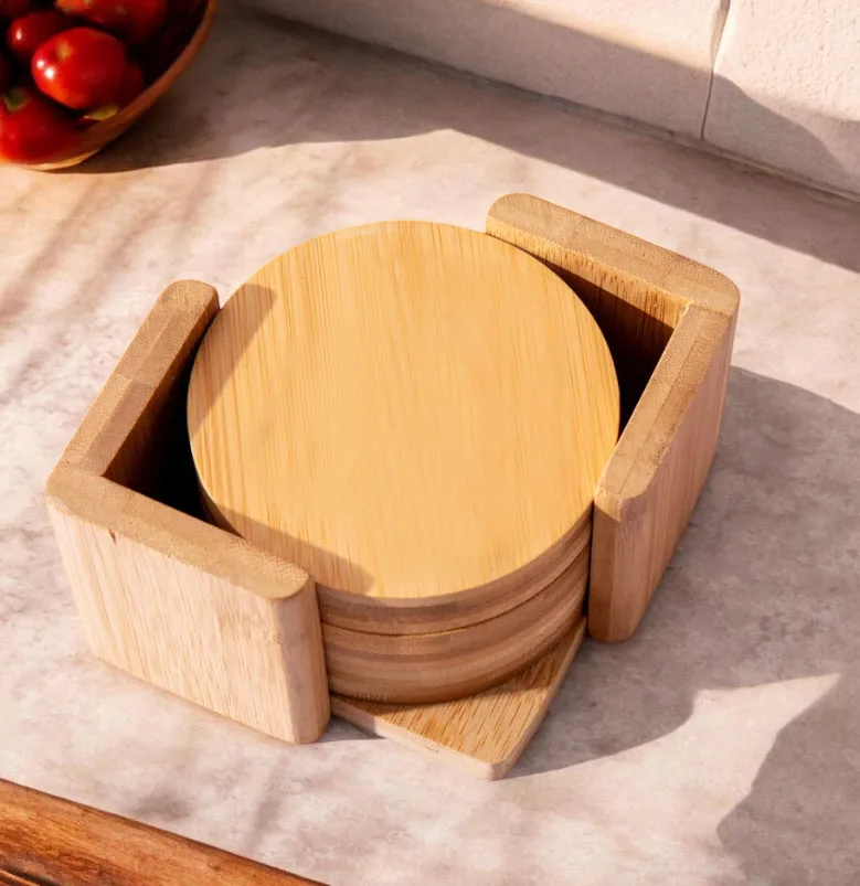 Housewarming Gift Personalized Table Engraved Wooden bamboo Square round tea cup Coaster Set of 6 with Holder