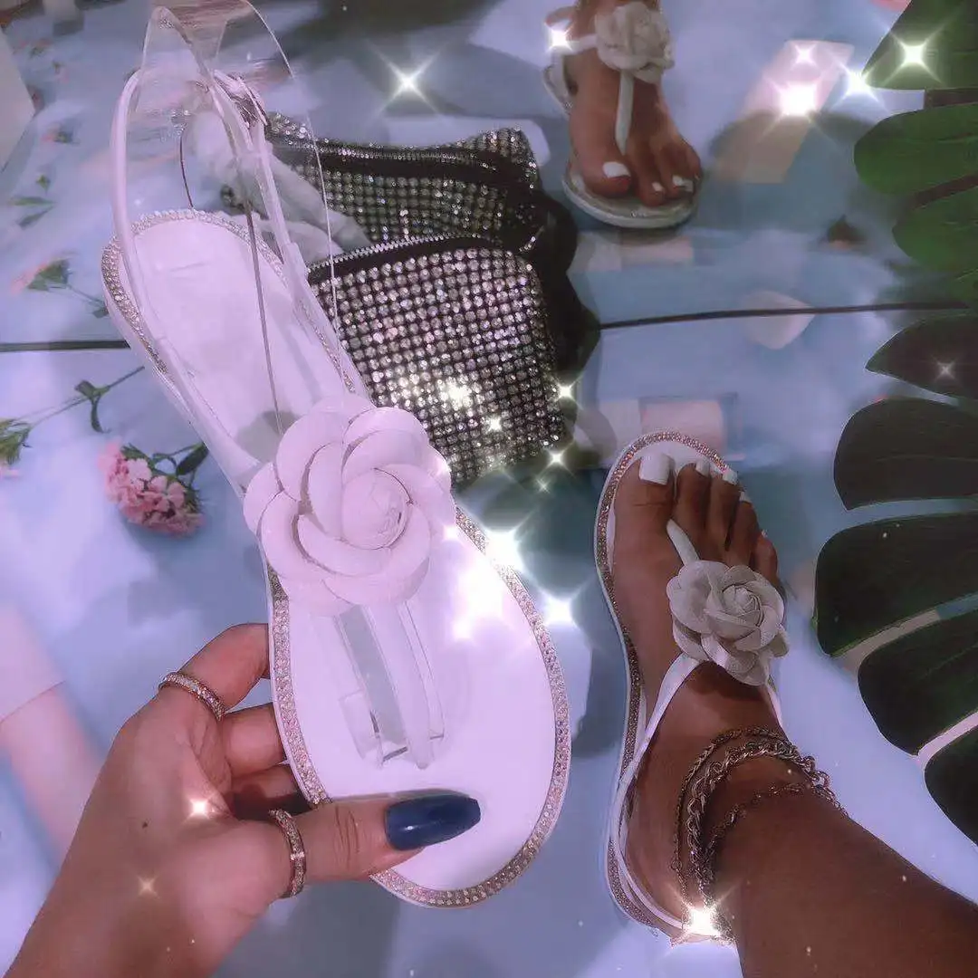 Шлепанцы с цветами для женщин, сланцы, блестящие, хрустальные, Тапочки