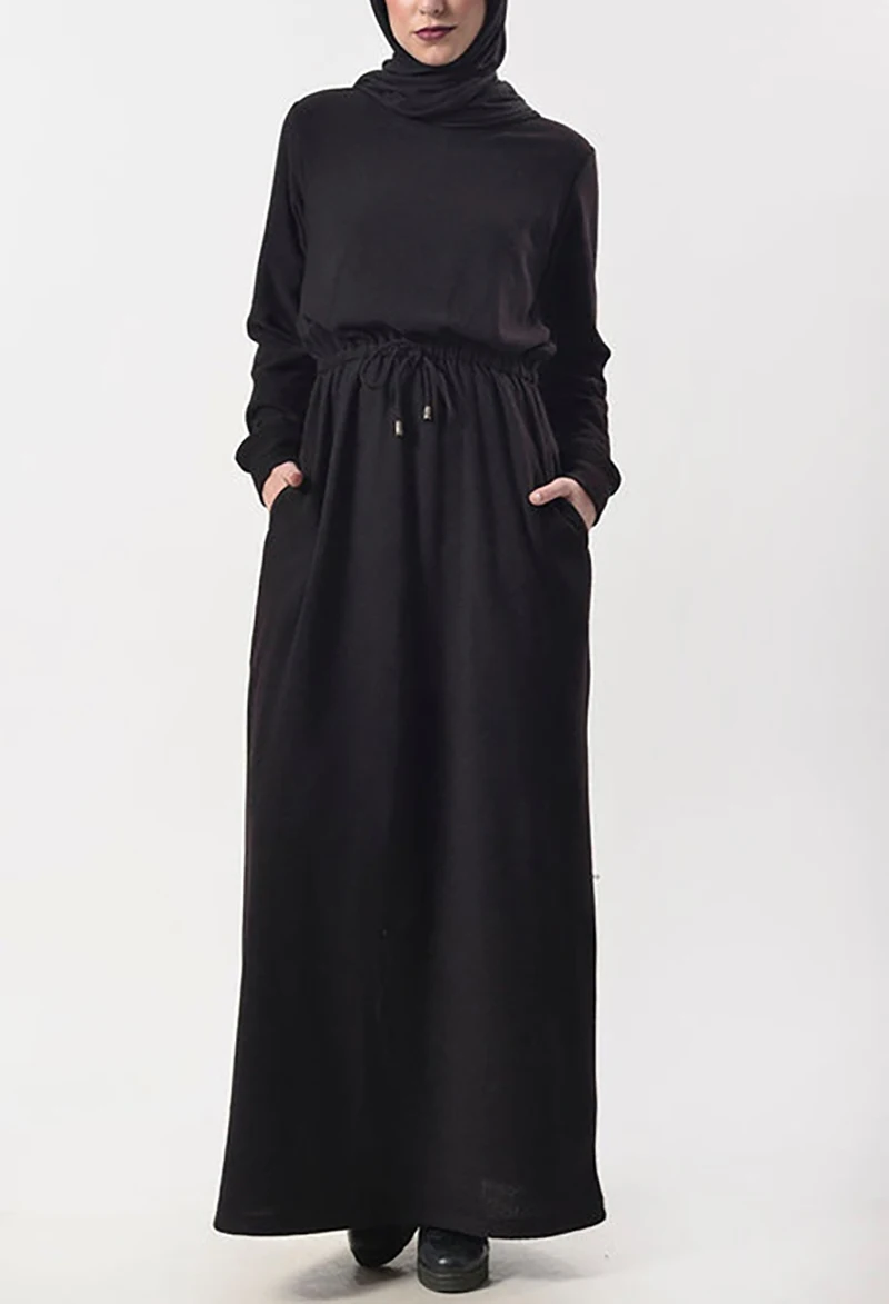 Fall Islamic Clothing custom wholesale Robe Dubai High-End Black Jersey Drawstring Attached Women Muslim Abaya Dress