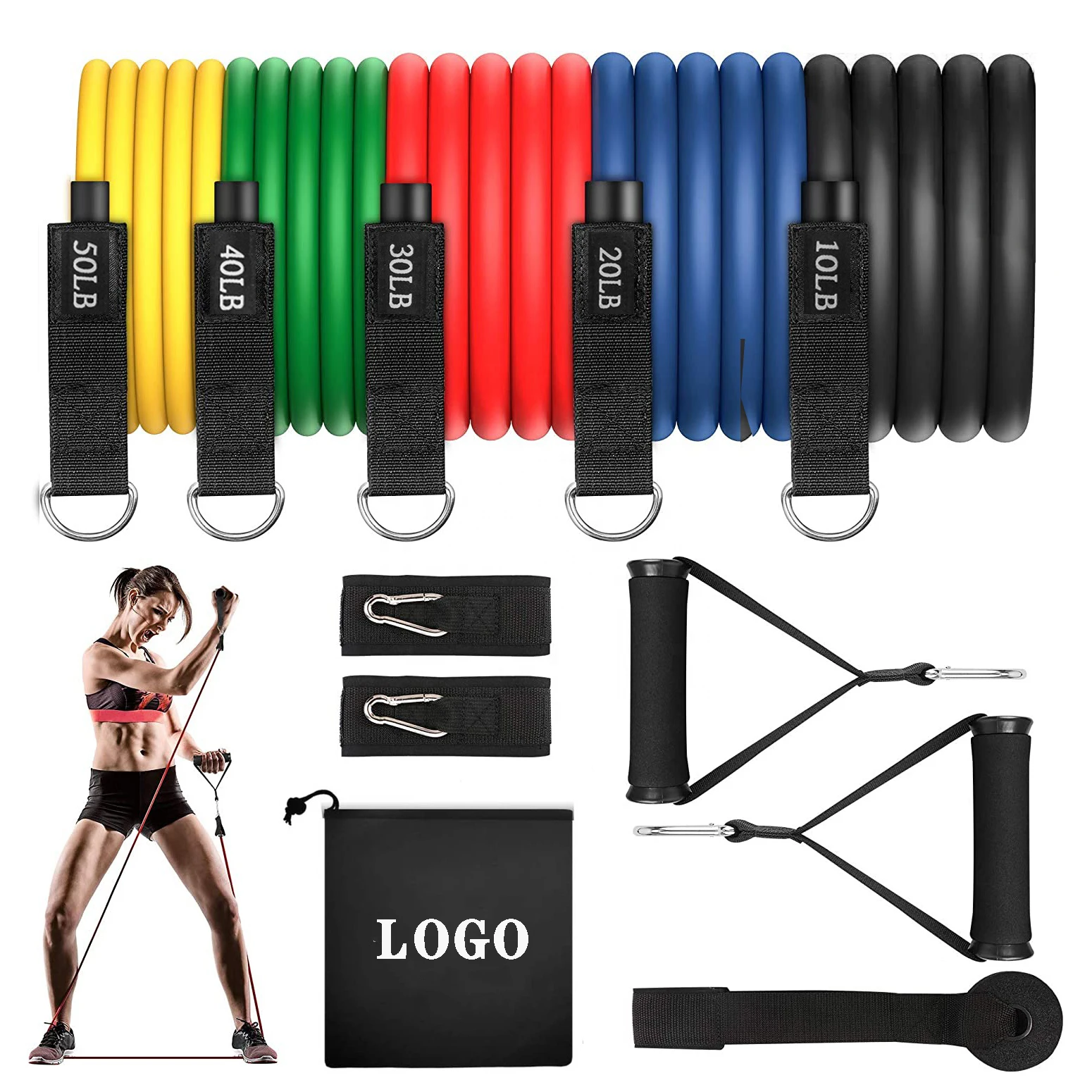 Fitness Yoga Home Gym Equipment Workout Stackable Exercise Resistance Tubes Bands Set with Door Anchor Handles
