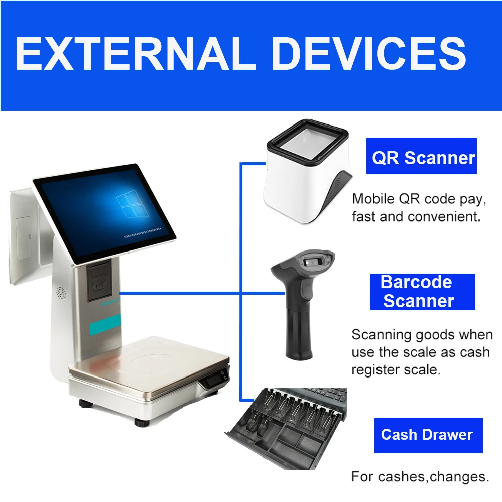 Dual-Screen All In one Touch Retail PC POS Cash Register Scale Android Weighing Scales with Label Printer