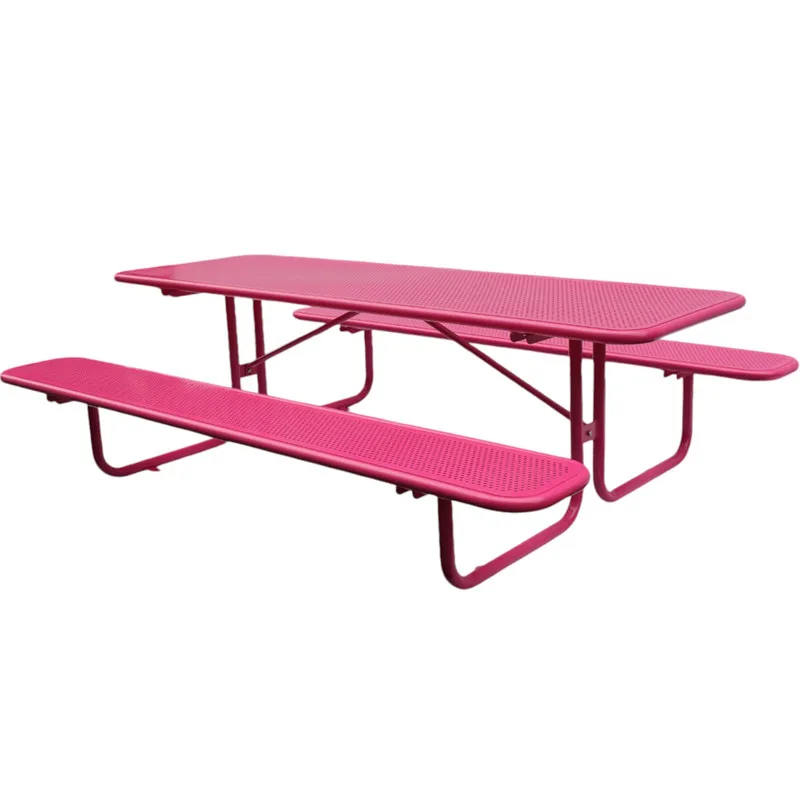 outdoor public commercial perforated steel 6ft 8ft picnic table with bench outside restaurant garden patio metal dining table