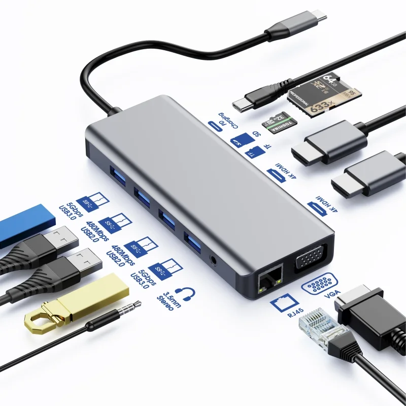 Multi Port Type USB C Hub 12 in 1 to Gigabi Ethernet Adapter USB 3.0 Hub For MacBook LaptopsType c Hub USB Docking Station