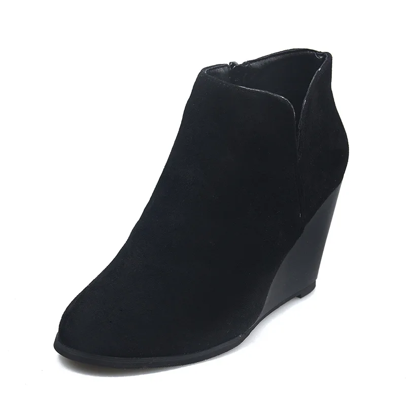 Hot Sale High Quality Fall Winter Wedge High Heel Ankle Boots for Women Suede Leather Zipper Fly Short Boots Ladies Wholesale