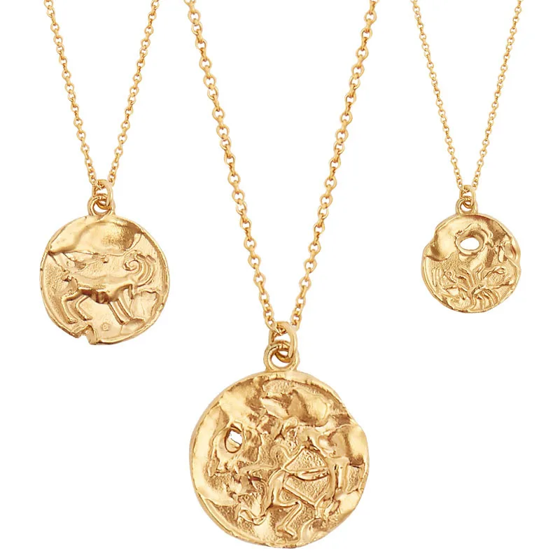 Fashion Jewelry 12 Zodiac Sign Solid Coin Pendant Necklace Gold Chain Link Necklaces For Women
