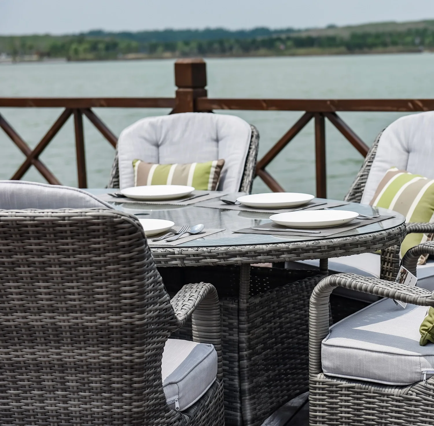 Outdoor Furniture Rattan 6 Chairs and 1 Table rattan woven rope wood Dining reclining Set for outdoors