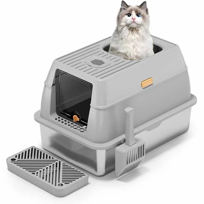 ZMaker Stainless Steel Cat Litter Box with Lid Enclosed Hign-Sided Litter Box with Removable Lid Large Metal Cat Litter Box