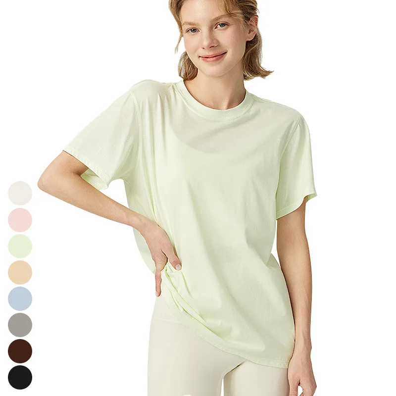 New Crew Neck Running Workout Tops 100% Pima Cotton Sports Shirts Loose Gym Fitness Top Short Sleeve Yoga T Shirt For Women