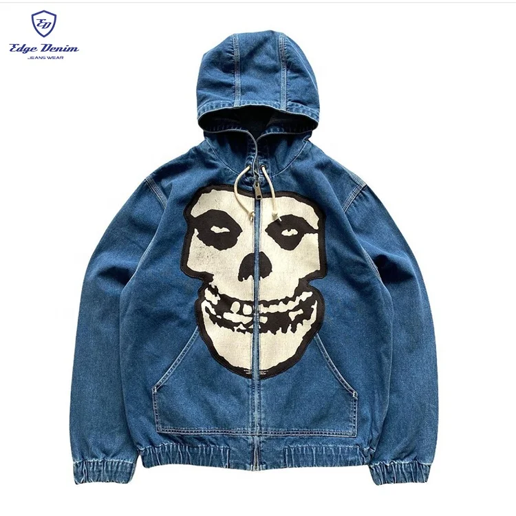 EDGE DENIM Custom Screen Print Logo Embroidery Patch Blue Zip Up Zipper Mens Plus Size Denim Jeans hoodie Jacket Men With Hood