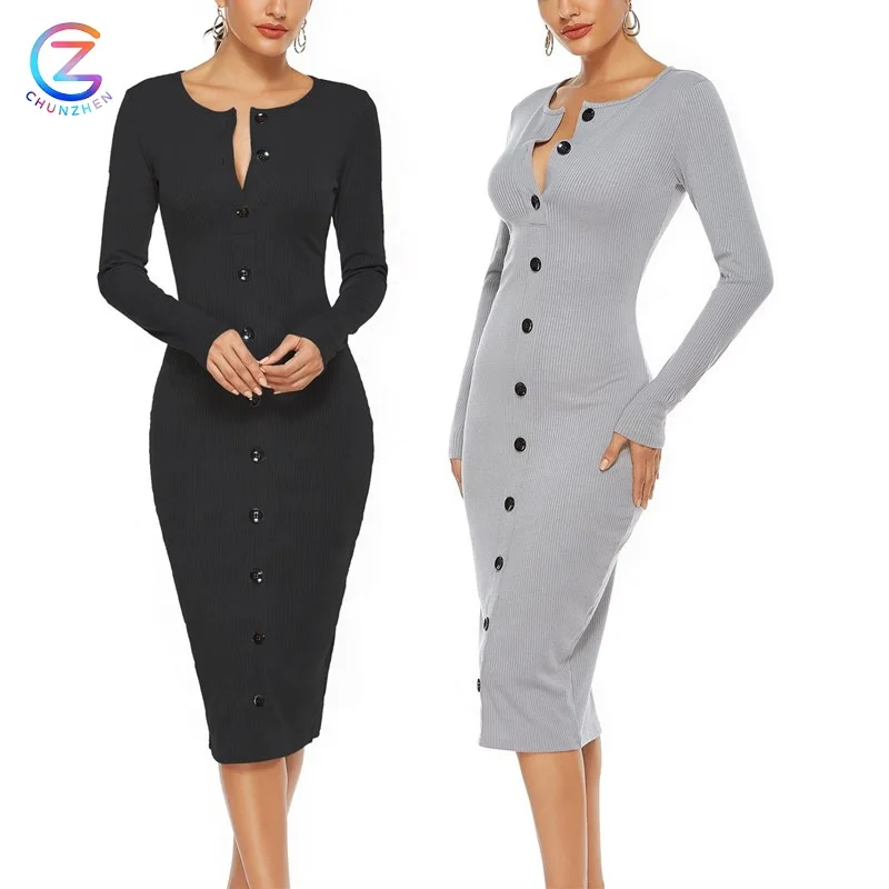 
New Design Casual Knitted Dress Spandex Clothing Elegance Button Front Classic Sexy Night Party Women Dresses 