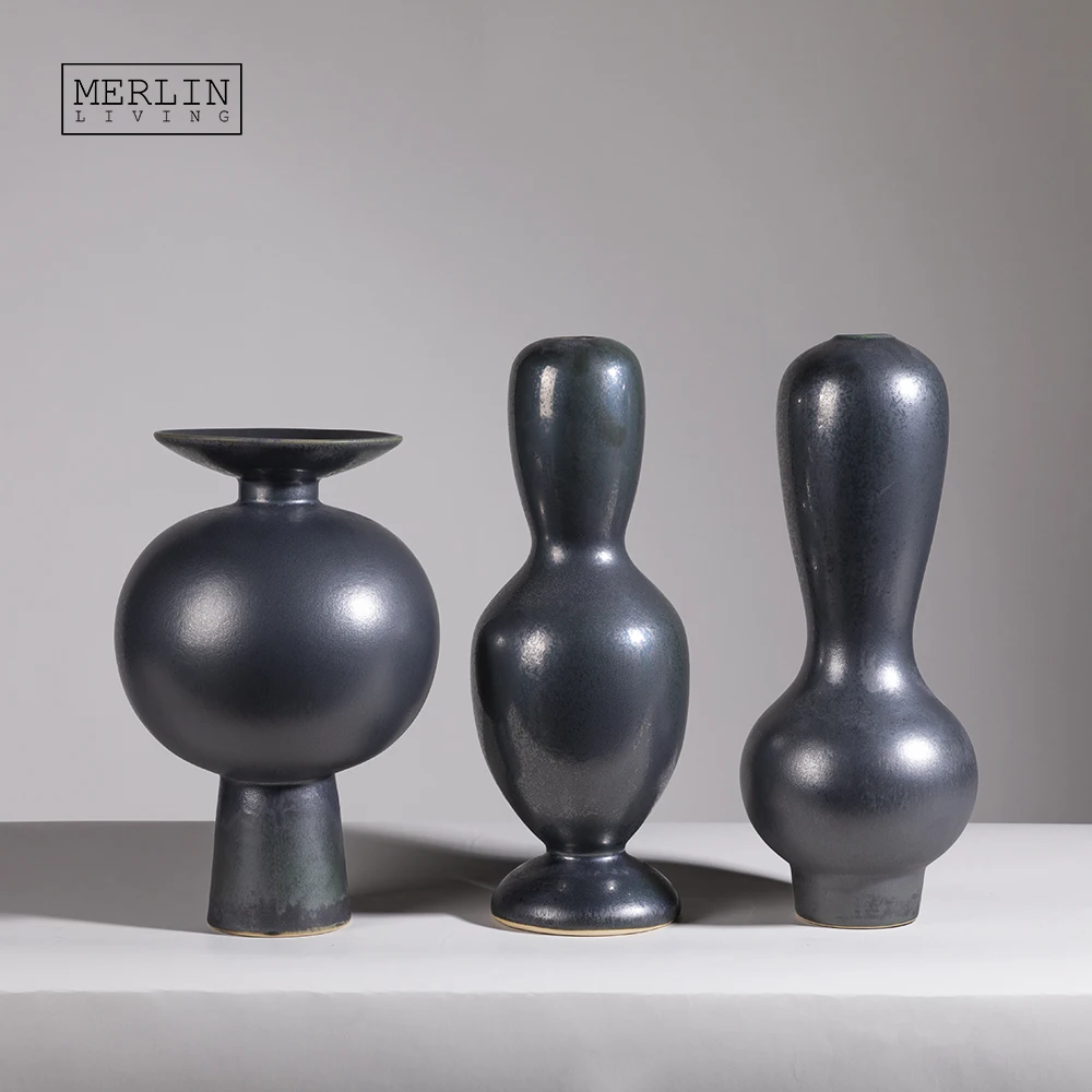 Merlin Living Vase Accessories living room Vintage Nordic Modern Flower Vase Metal Glazed Porcelain Round Shape With CeramicVase