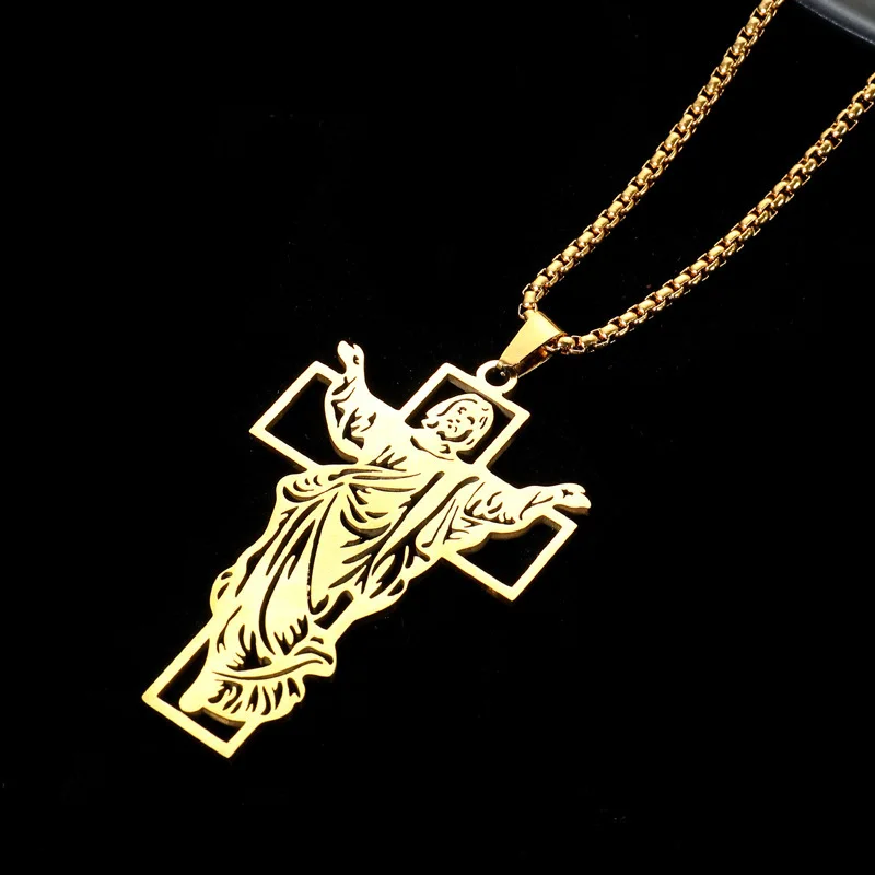 DAIHE Religious Christian Jesus Faith Based Fine Fashion Simple Men Necklace Jewelry Stainless Steel Cross Pendant Necklace
