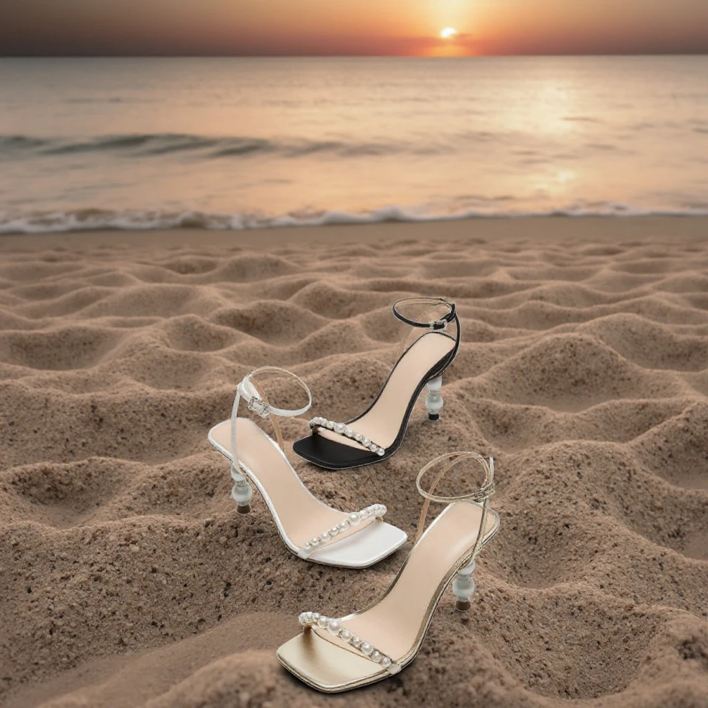 Sole Customization Elegant White Open Toe Bridal Sandals High Quality Soft Leather with Pearl Heel Ankle Strap Summer Weddings