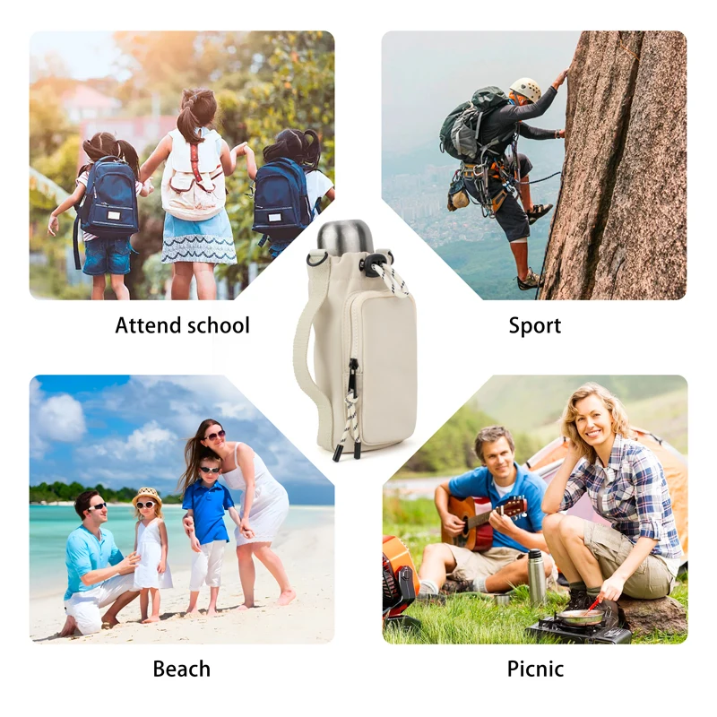 Adjustable Strap Nylon Water Bottle Carrier Bag with Zipper Pocket Print Water Bottle Holder Cup Covers