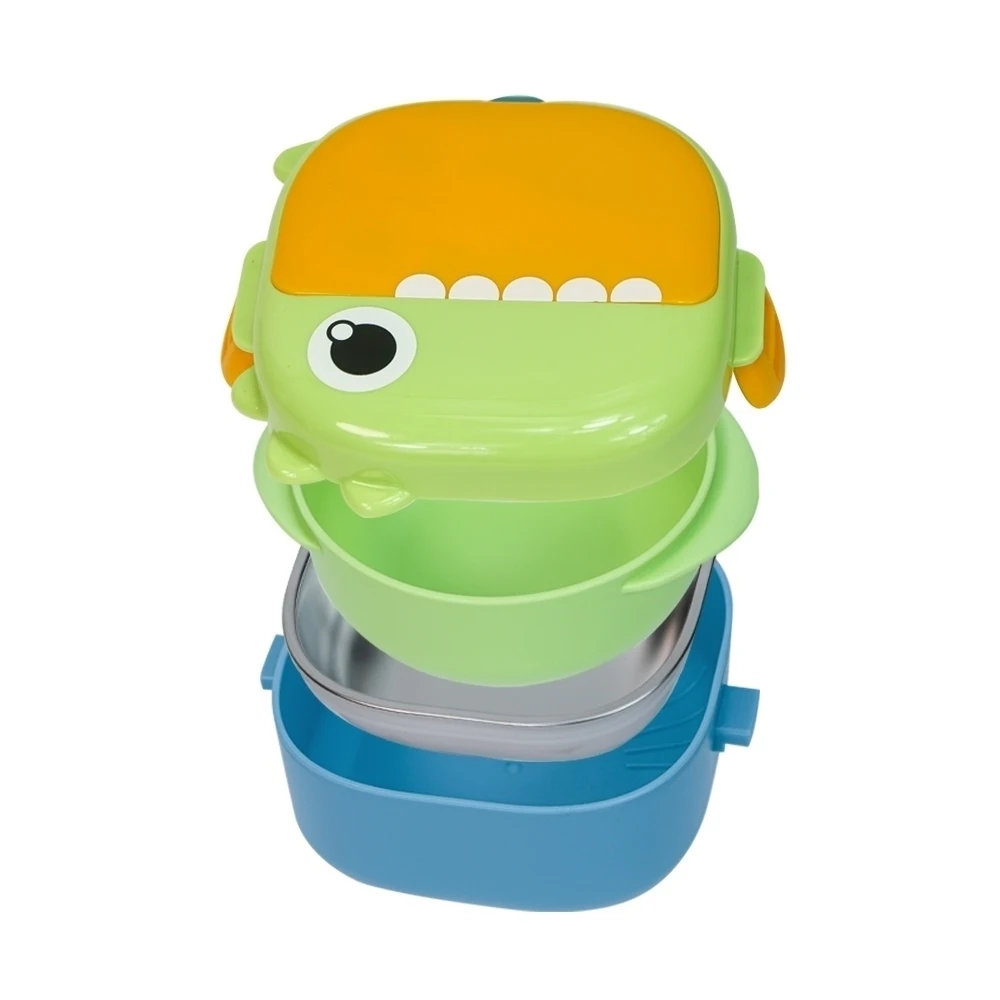 Plastic Stainless Steel Baby Feeding Product Tableware Food Warmer Bento School Lunch Insulated Bowl Set With Lid Spoon For Kid