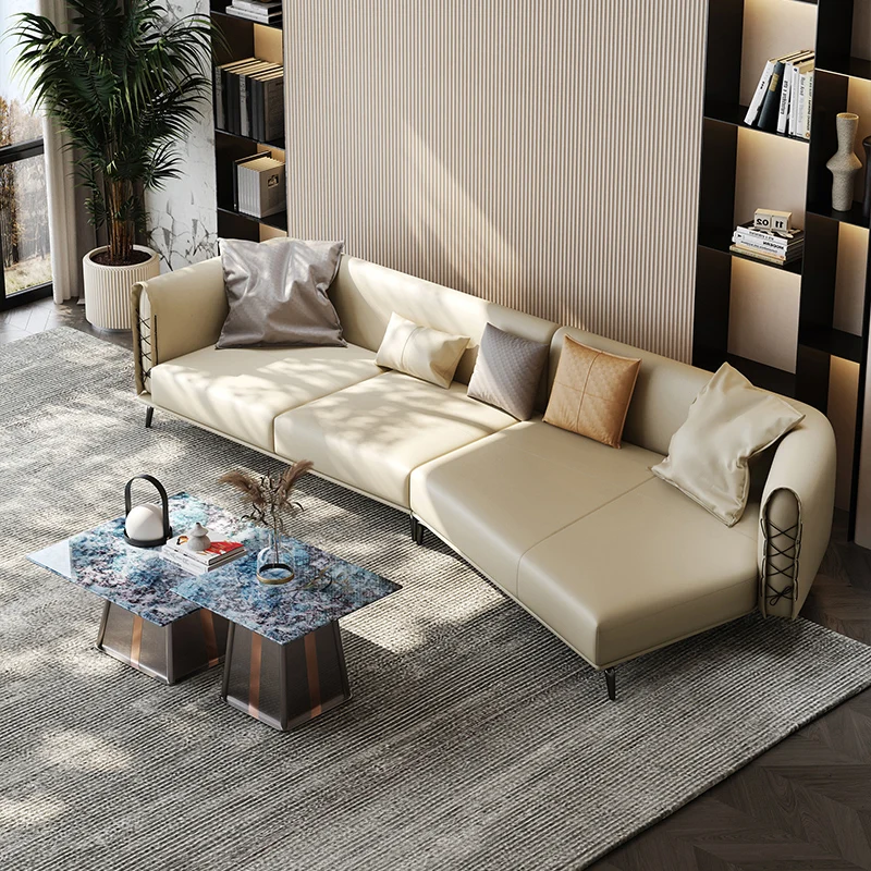American Light Luxury White Leather Sofa Designer Special-shaped Corner Hardware Foot Tofu Block Sofa