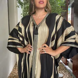 Spring Autumn Striped Bat Sleeve Muslim Woman Fashion Arab Robe Fringed Dress One Size Abaya