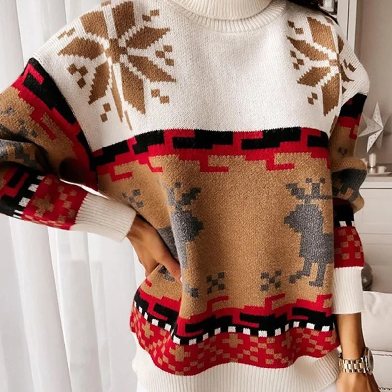 New Hot Selling Custom Made Wholesale Ladies Christmas Knitted Sweater Turtleneck Printed Jacquard Knitted Sweater
