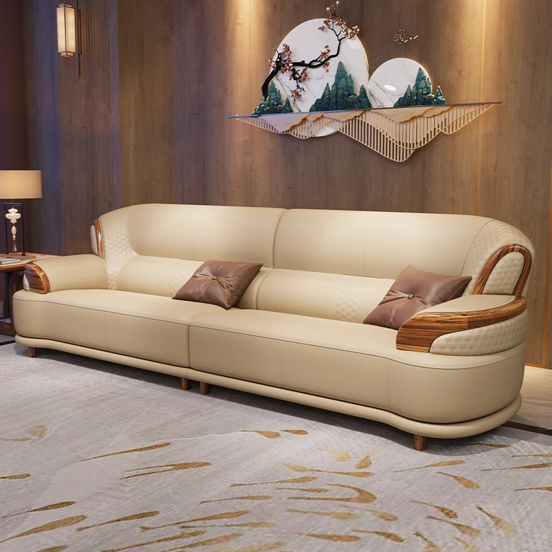 High Quality American Design Luxury Modern Upholstered Gray Leather Sofa Solid Brown Wood Living Room Set with Leisure Feature