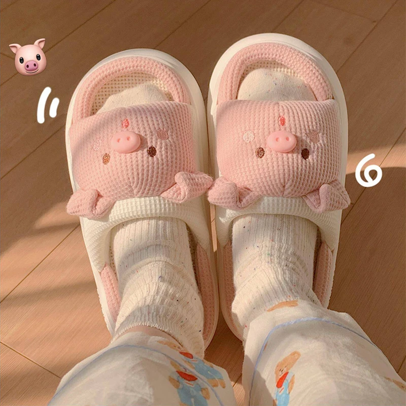 Wholesale Women Quiet Indoor Cool Flax Comfy Slides Fashion Home Summer Cute Small Pig Animal Linen Shoe Slippers