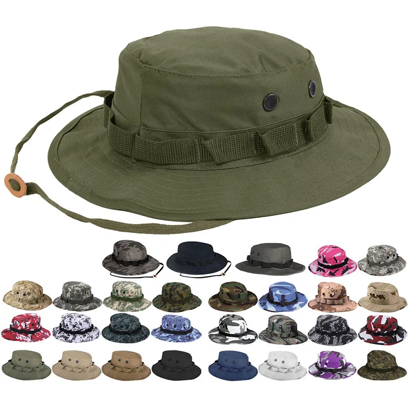 odm custom Tactical Boonie Hat Camo Bucket Wide Brim Sun Fishing Bush Booney Cap outdoor flat top fisherman hat