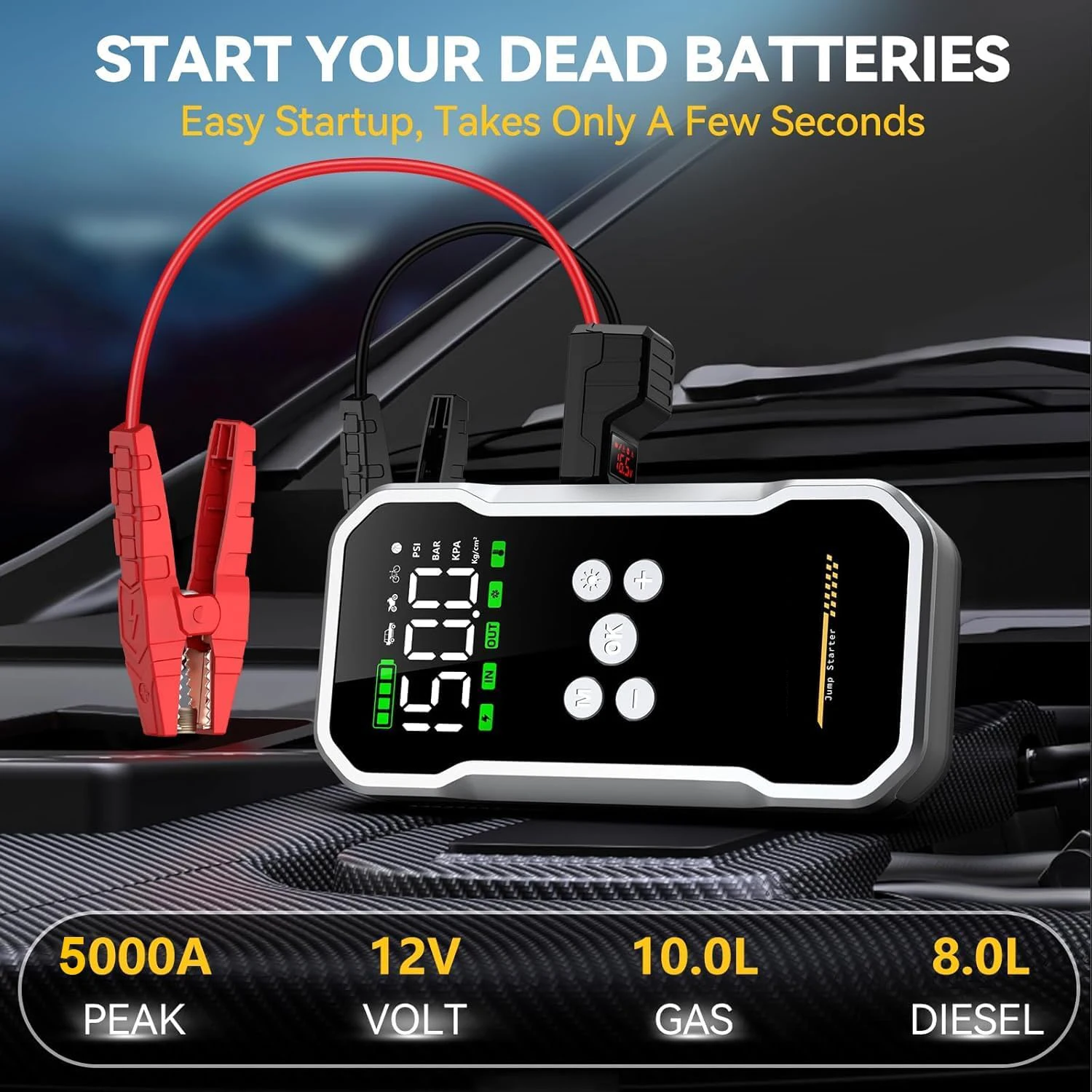 2024 4000A 12V Truck Jump Starter with Air Compressor 15800mAh with LED Strobe Light Portable with Carry Bag