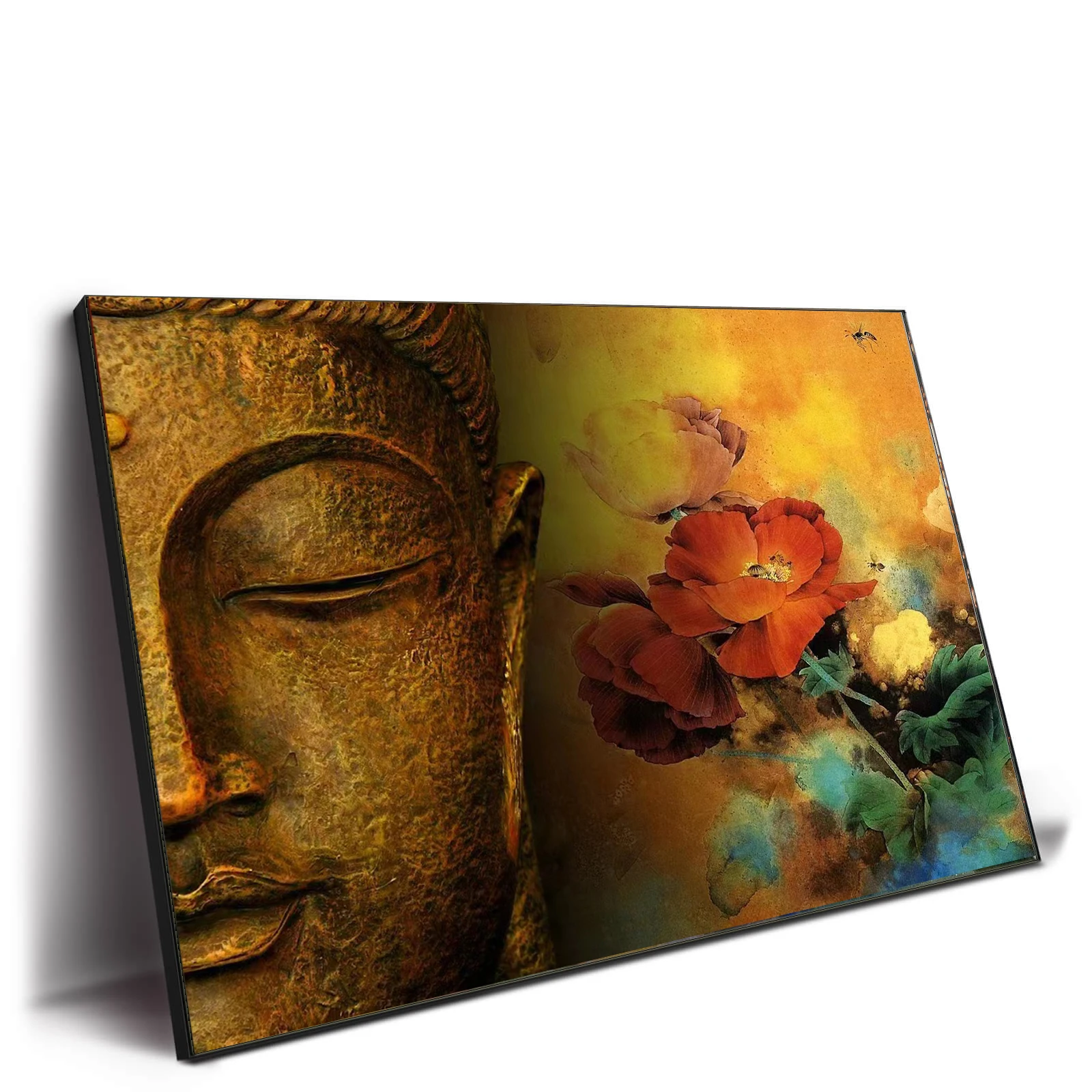 Gold Buddha Oil Painting Wall Canvas Art Decor Laughing Buddha Painting Gold Leaf Buddha Pictures for Living Room Bed