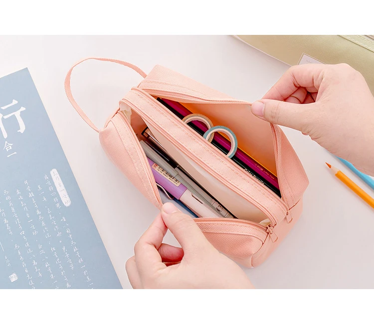 Large Capacity Canvas Shape Pencil Box Double Zippers Pen Bag Office School Stationery Bag Pencil Case with Compartments