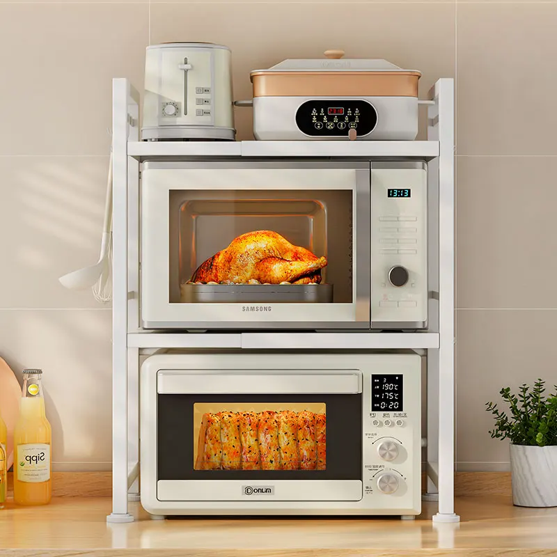 white kitchen desktop scalable height adjustable double layer microwave oven rack countertop toasters pizza oven Storage holder