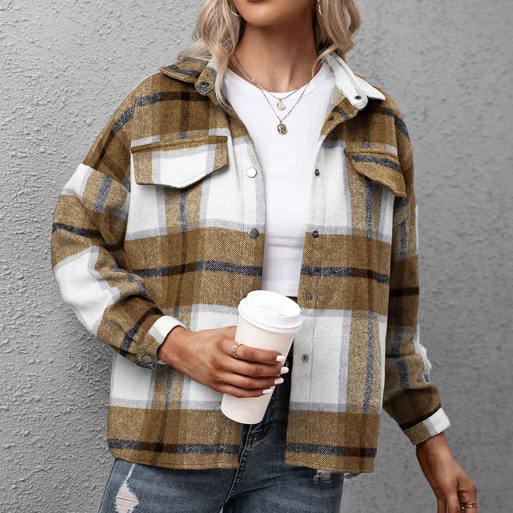 Fall Long Sleeve Loose Shirt Jackets Ladies Casual Button-down Shirts Plaid Shacket Women comfy aztec jacket