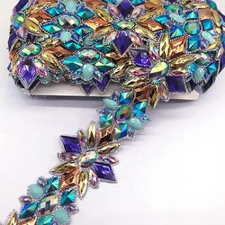 Iron on Colorful AB Rhinestone Trim Chain Strass Banding Resin Applique for Clothes Crafts