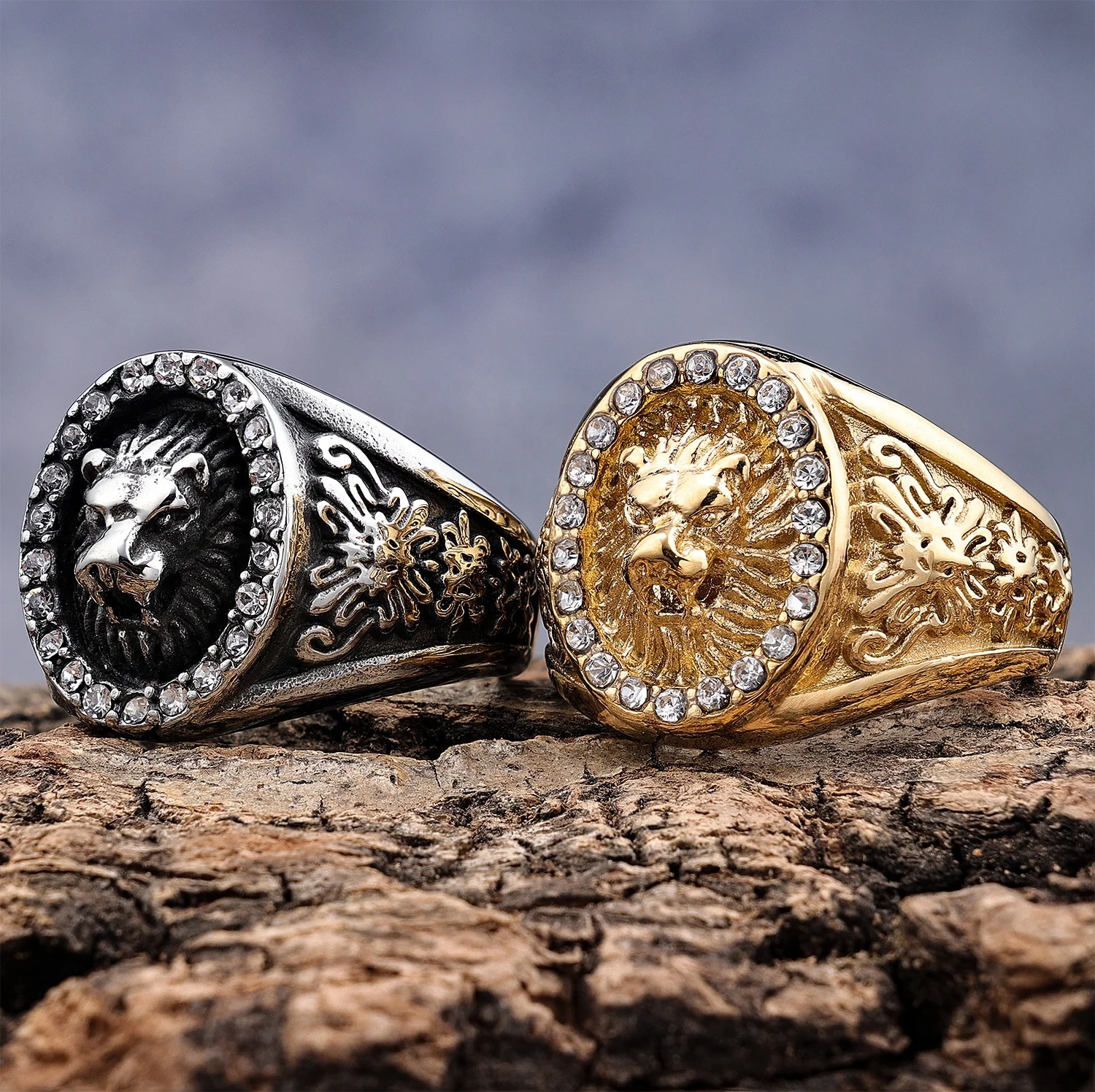 Ready to ship stainless steel gothic style gold crystal Lion Of Judah lion head signet animal rings for men women size 7-15